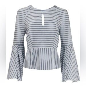 Milly Fluted Striped Silk & Cotton Blouse Bell Sleeve Keyhole Open Back Tie